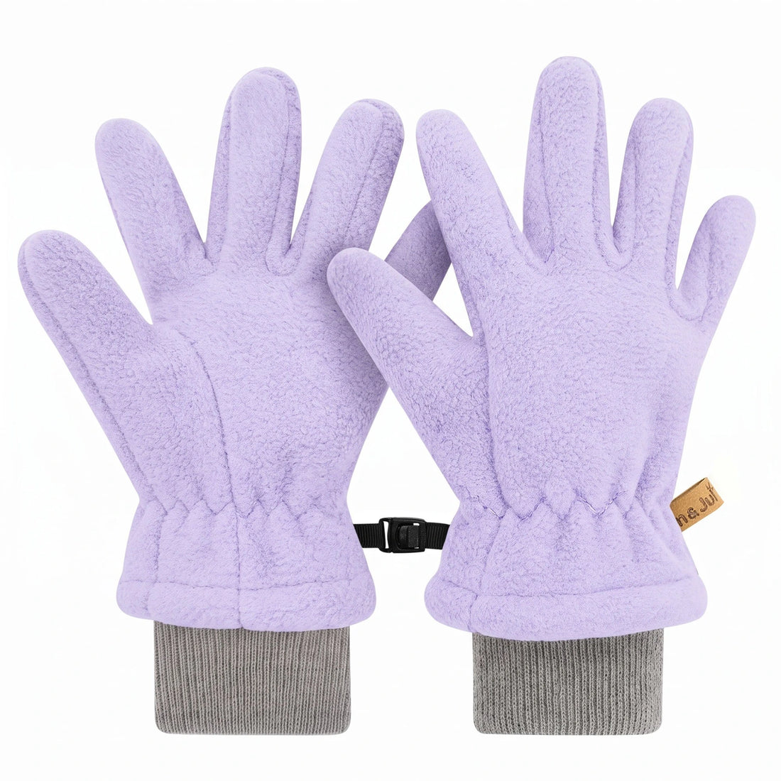 Jan & Jul Kids Fleece Gloves Lavender — pair of fleece gloves showing ribbed cuffs and wrist connector