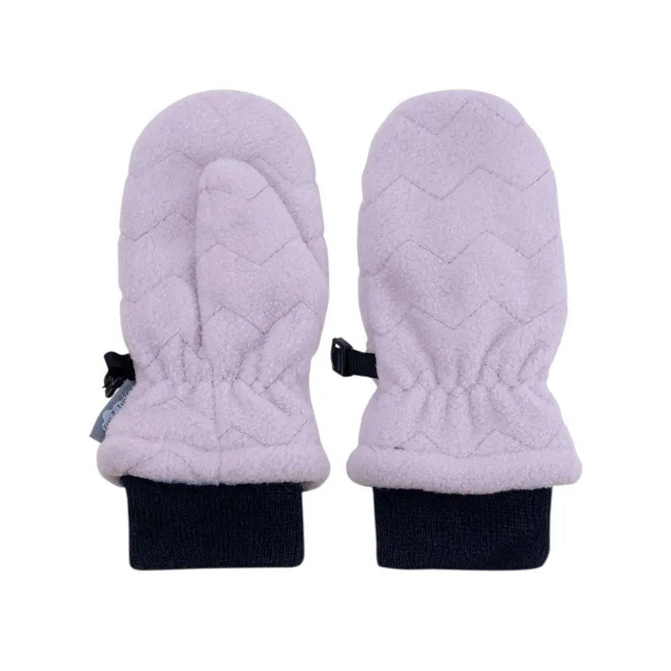 JAN & JUL Fleece Mittens Lavender for baby, soft quilted fabric with black cuffs and elastic wrists.