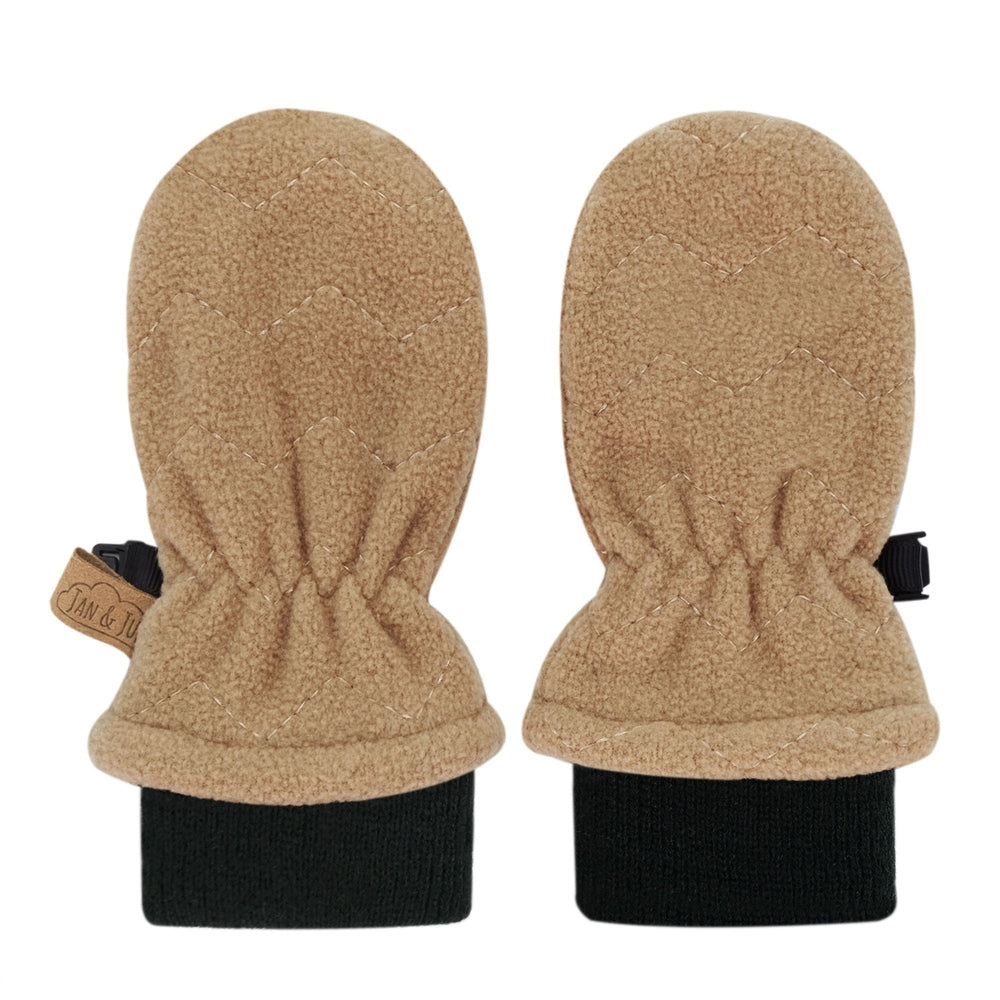 JAN & JUL Fleece Mittens Soft Brown - two tan fleece baby mittens with black ribbed cuffs and quilted stitching.