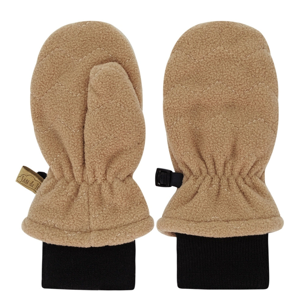 JAN & JUL Fleece Mittens Soft Brown, a pair of tan quilted fleece mittens with black ribbed cuffs.