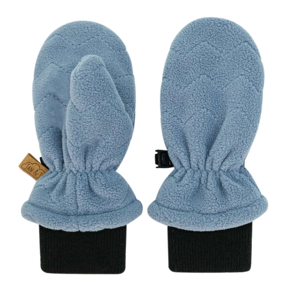 JAN & JUL Fleece Mittens Stormy Blue pair with quilted chevron pattern and elastic cuffs.