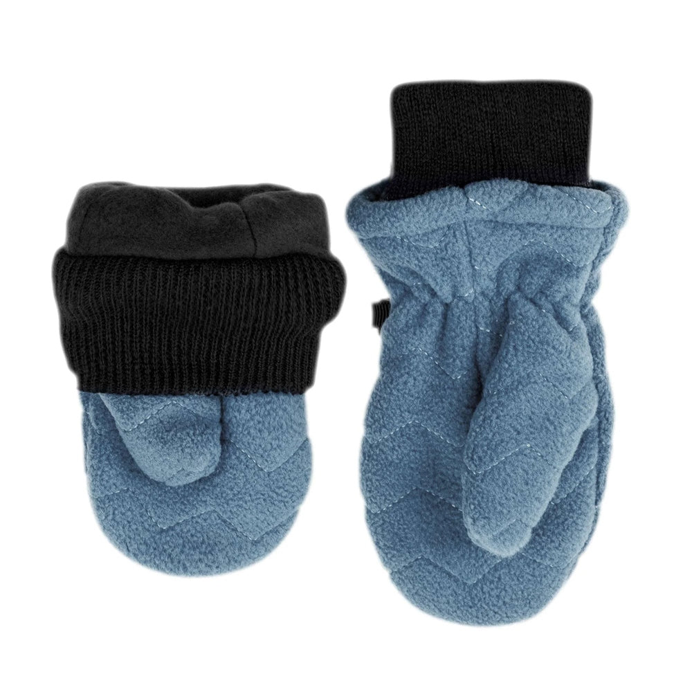 Jan & Jul Fleece Mittens Stormy Blue pair with black ribbed cuffs, two soft baby mittens ready to keep tiny hands warm.