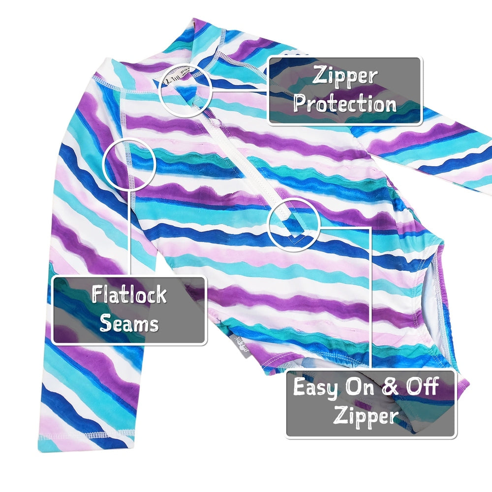 JAN & JUL Jan & Jul Girls One Piece UV Swimsuit Bunny Flowers Wavy stripe pattern with flatlock seams and front zipper img 6/7