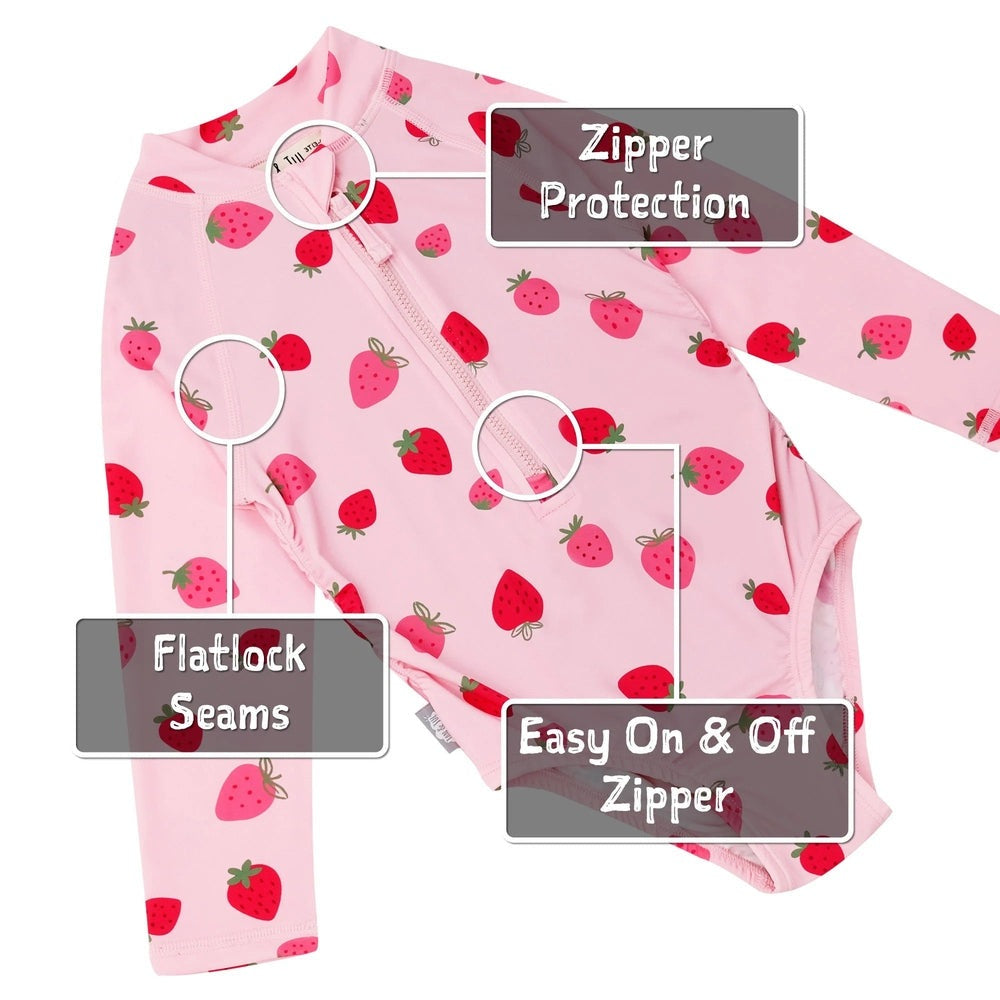 JAN & JUL girls one-piece UV swimsuit in pink strawberry print with zipper protection and easy-on/off zipper.