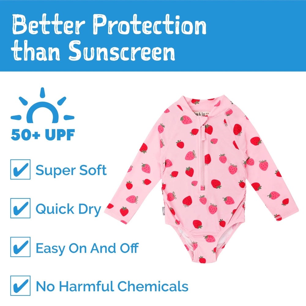 JAN & JUL Girls One Piece UV Swimsuit Pink Strawberry; UPF 50+, quick-dry, easy on/off as she splashes.