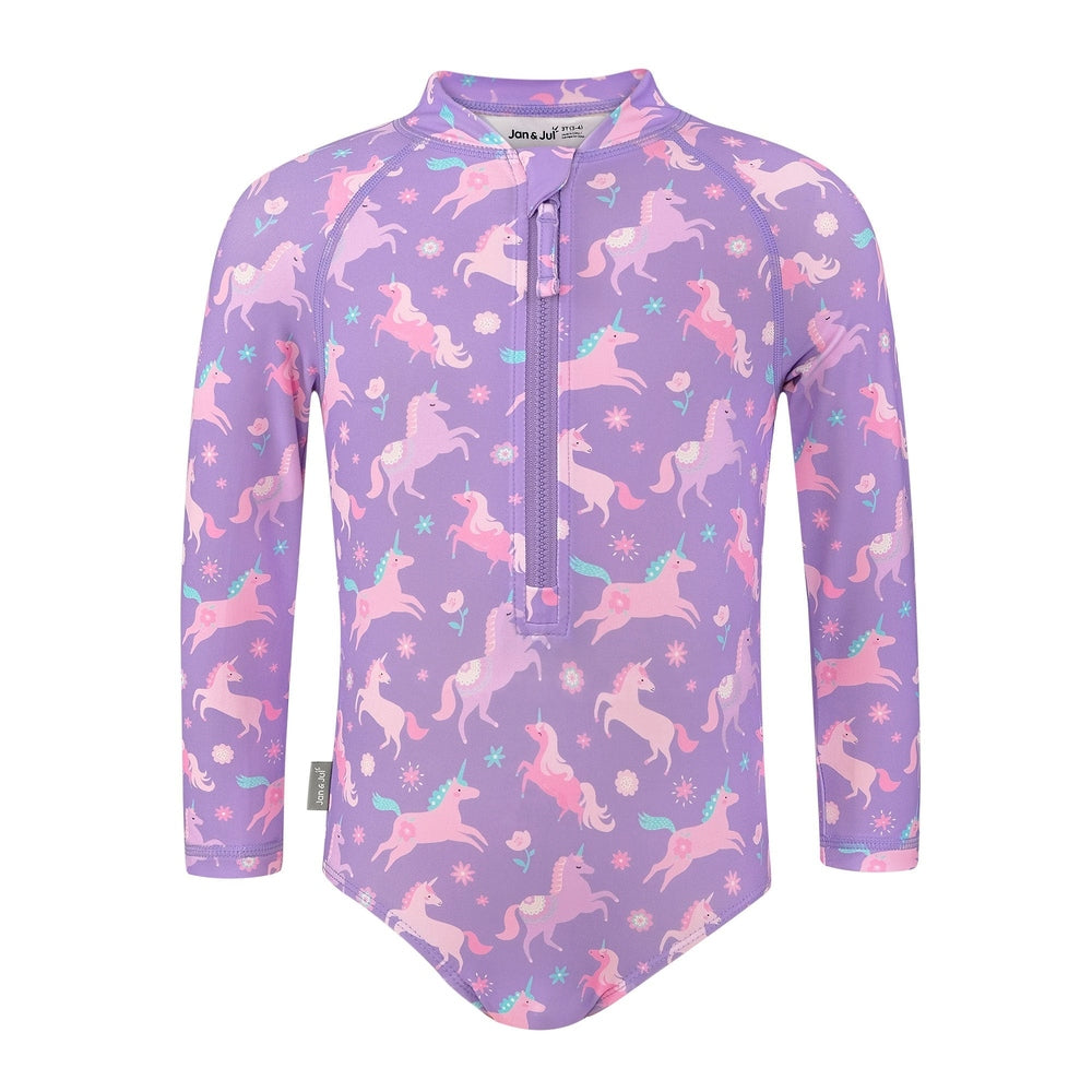 JAN & JUL Jan & Jul Girls One Piece UV Swimsuit Purple Unicorn Long sleeve front zip with high neck collar img 1/6
