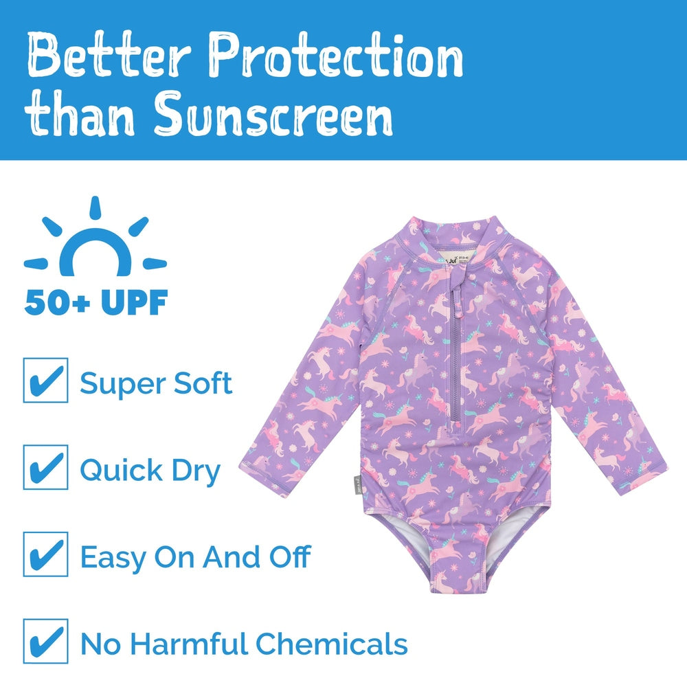 JAN & JUL Jan & Jul Girls One Piece UV Swimsuit Purple Unicorn Long sleeves with front zipper and stars pattern img 4/6