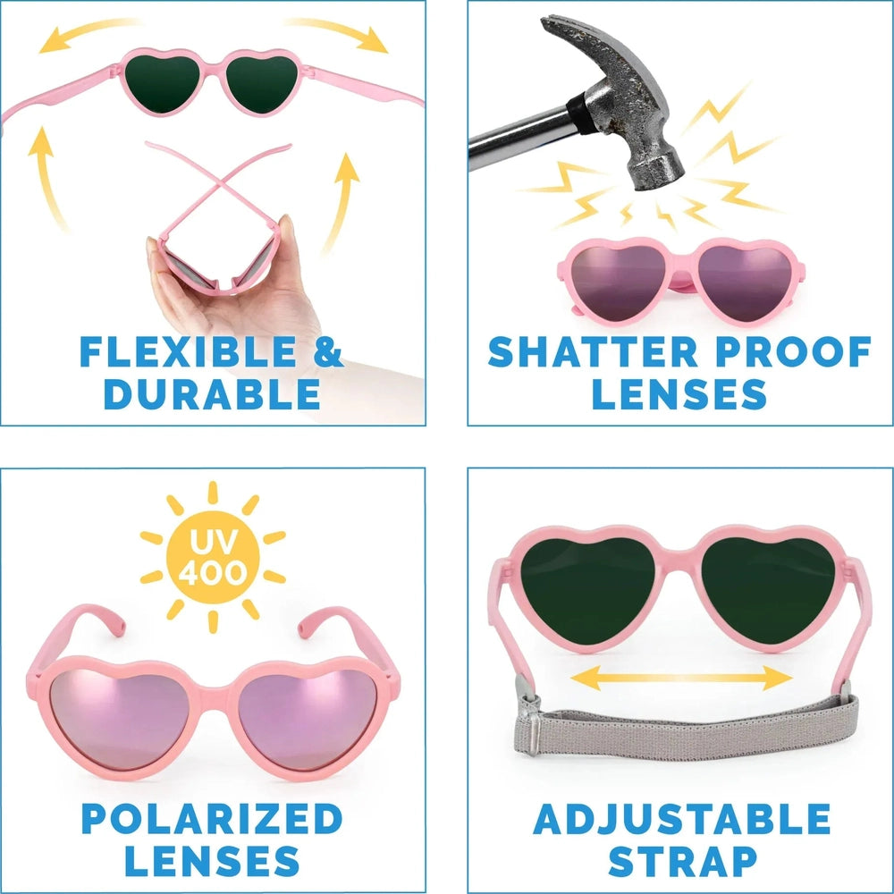 JAN & JUL Jan & Jul Heart Sunglasses W/Aurora Lens - Soft Pink round children sunglasses shown in product color from image 5 of 7 with flexi