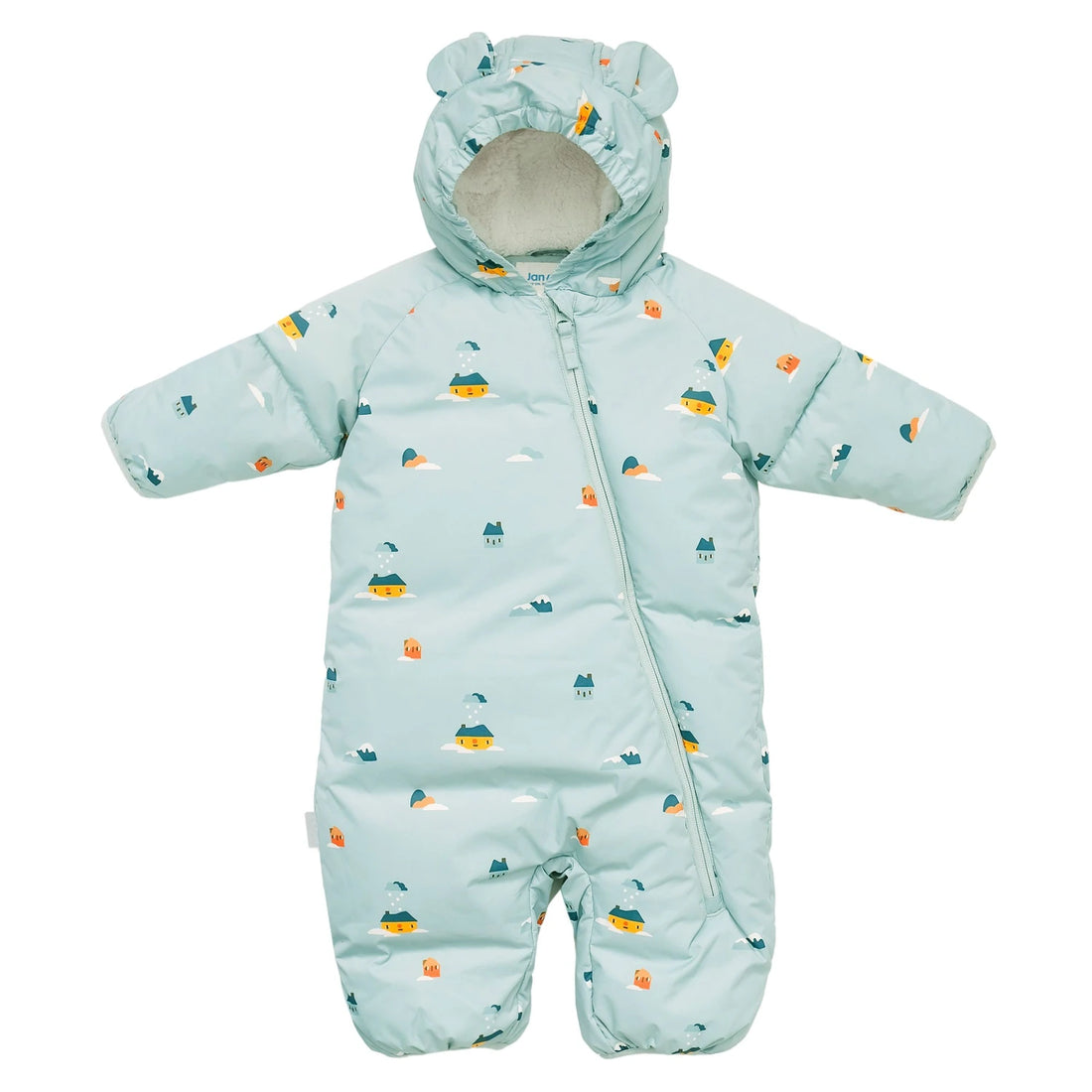 Jan & Jul Baby Insulated Snowsuit Home Sweet Home — front view showing the hood, zip and fold-over cuffs