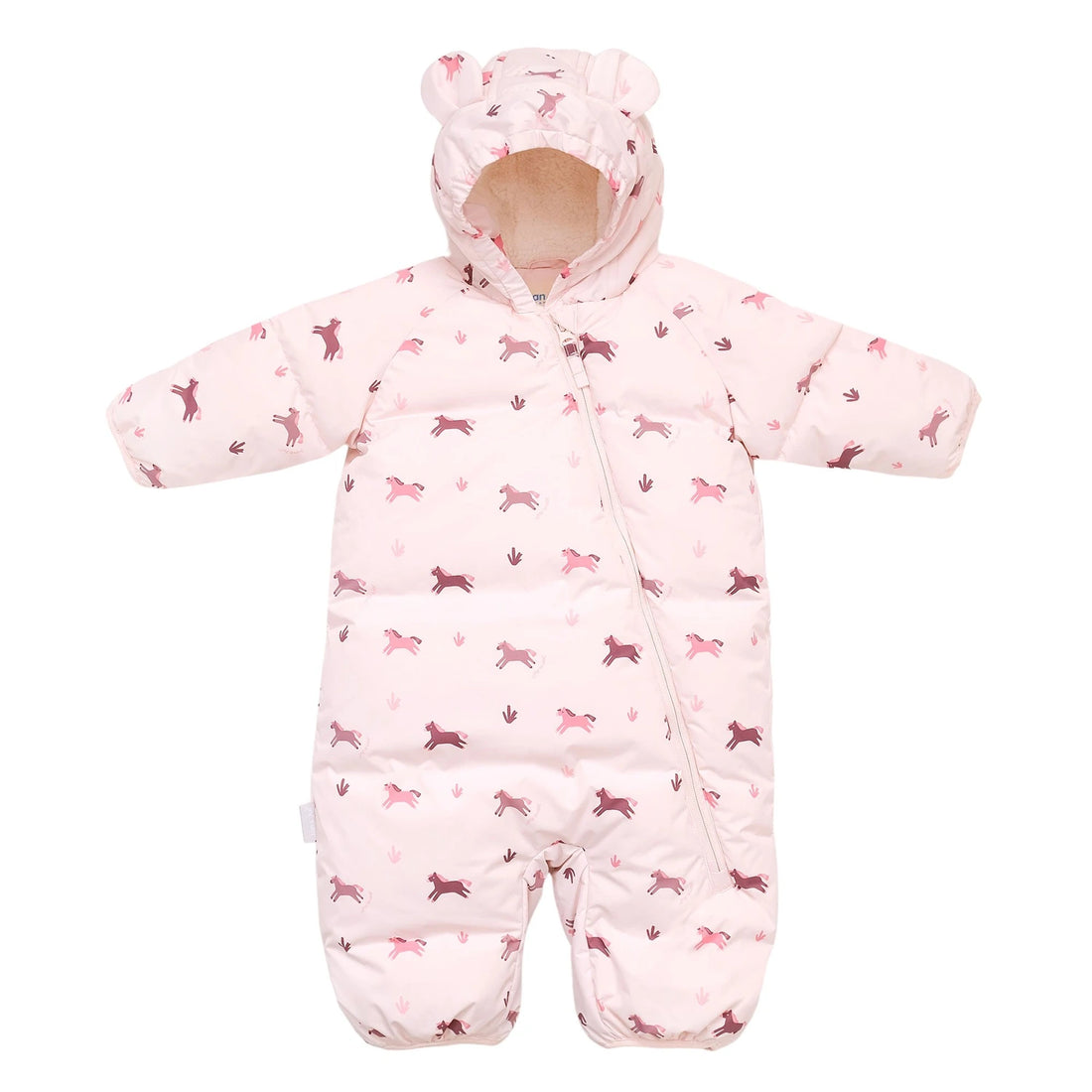 Jan & Jul Baby Insulated Snowsuit Pink Ponies — front view showing the hood, zip and fold-over cuffs