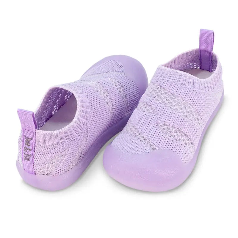 Jan & Jul Jelly Jumper Flow Shoes Lavender pair with knit upper and pull tabs, baby shoes