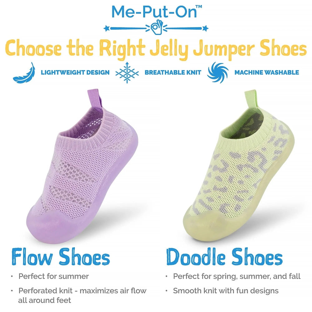 Jan & Jul Jelly Jumper Flow Shoes Lavender pair; lavender knit slip-on baby shoes with breathable fabric.