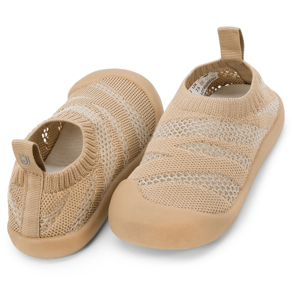 JAN & JUL Jan & Jul Jelly Jumper Flow Shoes Soft Brown pair of baby shoes shown in image 4 of 7 with mesh upper, velcro strap and contrastin