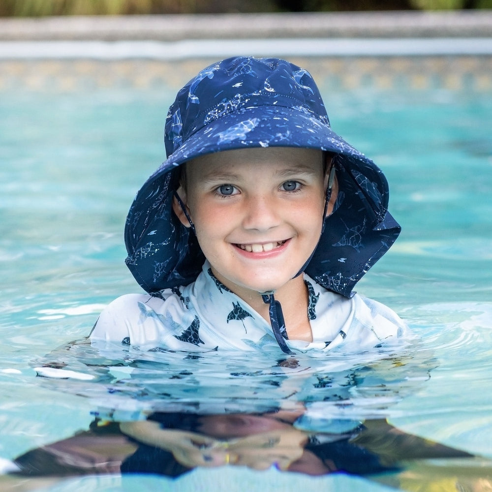 JAN & JUL Jan & Jul Kids Aqua-Dry Xplorer Hat Navy Whale Play Wide brim bucket style with adjustable chin strap and ear flaps img 2/5