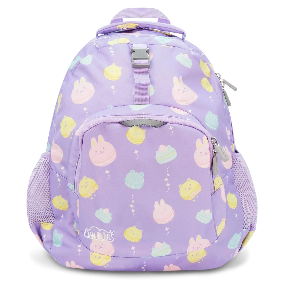 JAN & JUL Kids Backpack in lavender nylon with bunny/cake print, front zip pocket and side mesh pockets