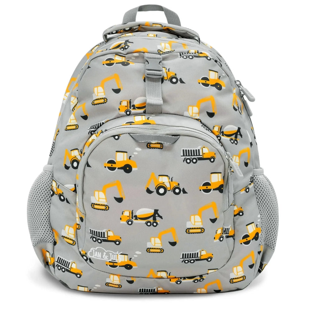 JAN & JUL Kids Backpack in light gray with yellow construction trucks; shows front zip pocket and mesh side pockets.