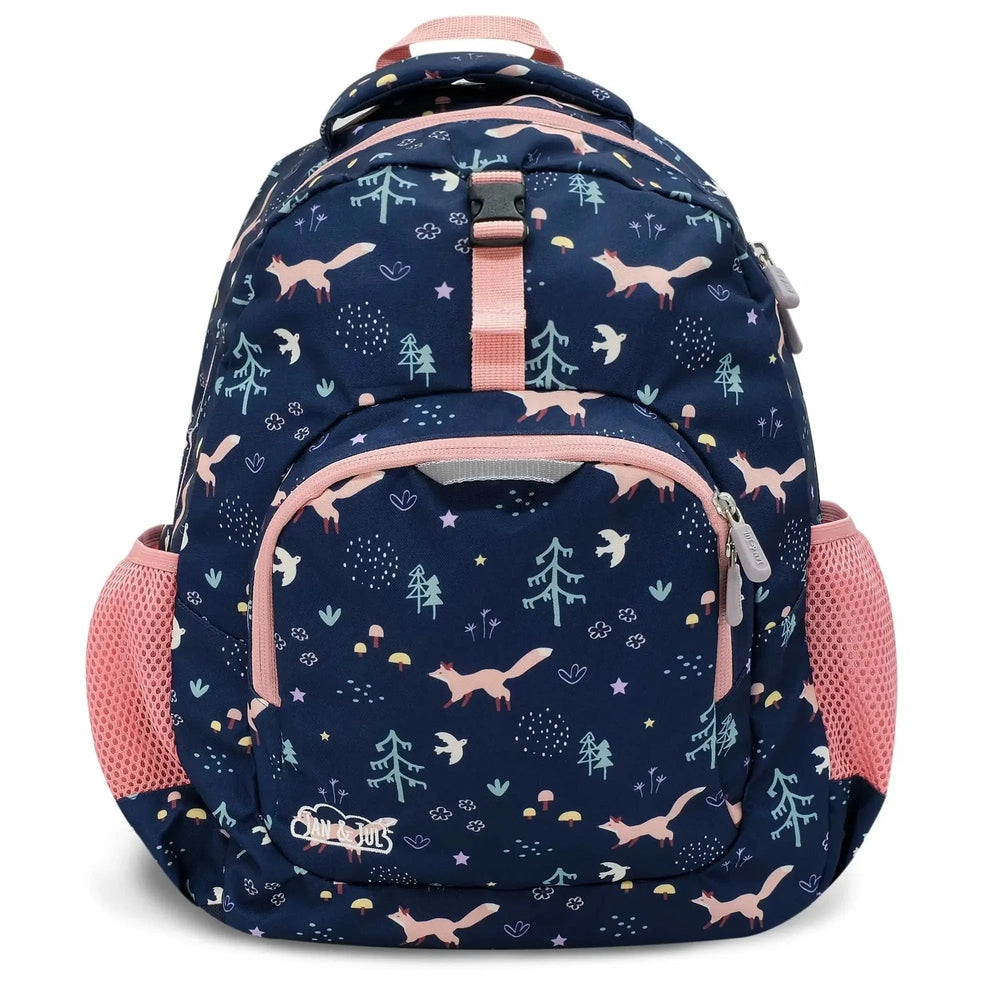 Jan & Jul Kids Backpack navy with pink trim, fox-forest print; pink mesh side pockets and zipped front pocket shown.