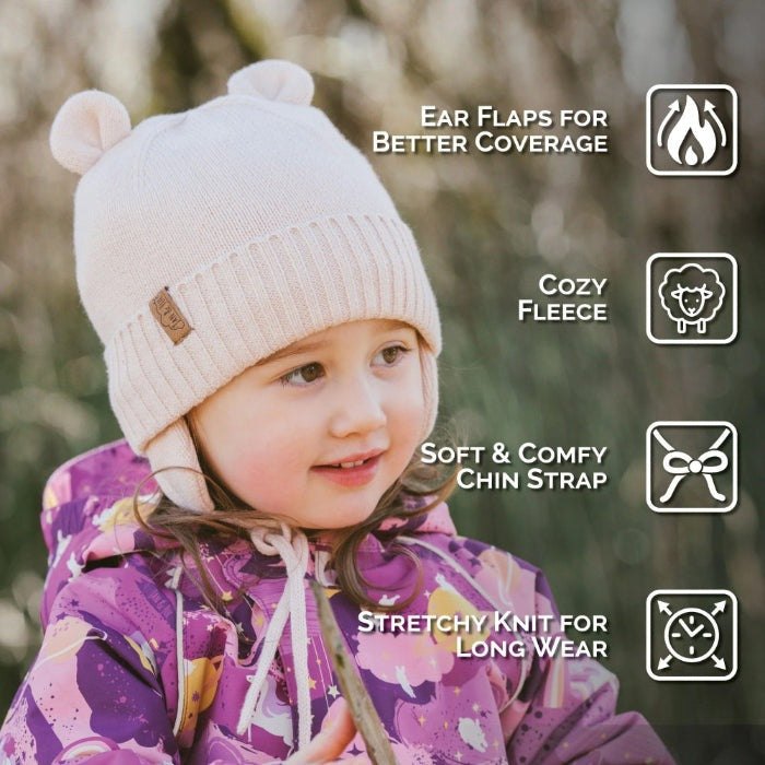 Jan & Jul Kids Bear Knit Hat in light pink with ear flaps and cozy fleece, for babies and toddlers.