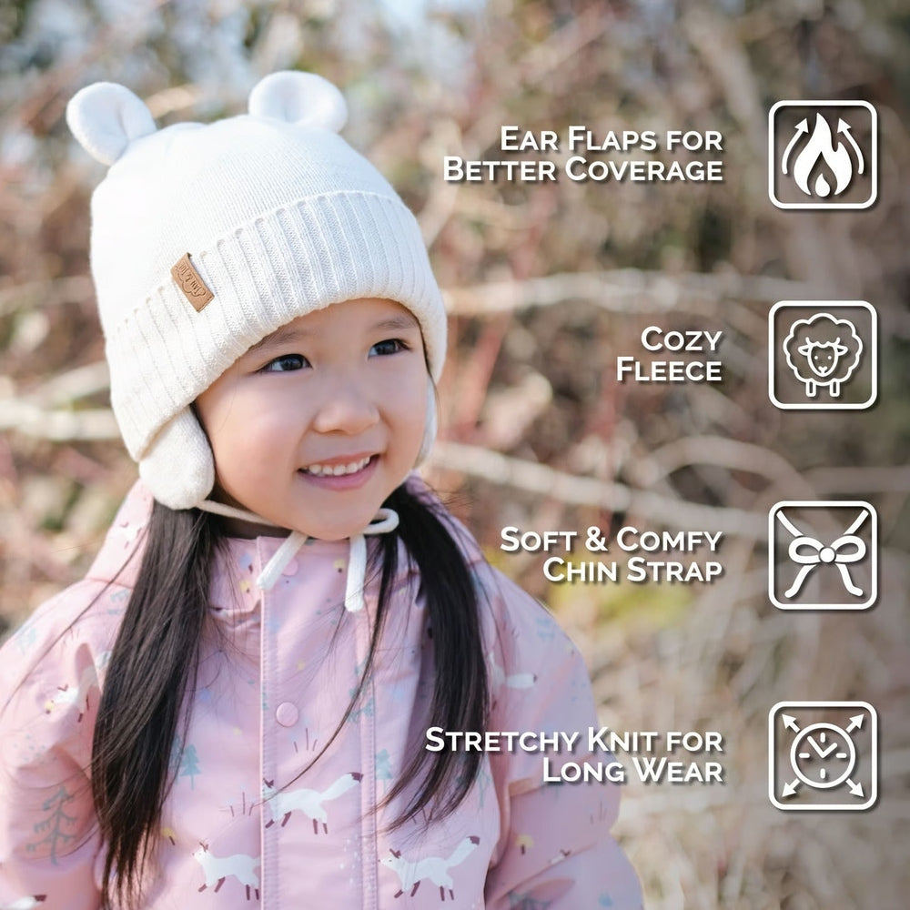 JAN & JUL Kids Bear Knit Hat in vanilla cream with ear flaps for warmth