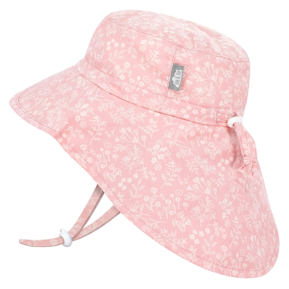 JAN & JUL Kids Cotton Adventure Hat Pink Prairie with floral print and adjustable chin strap
