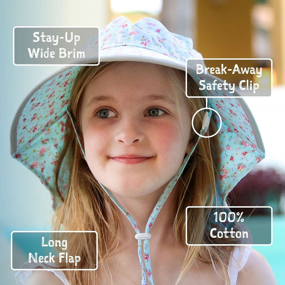 Jan & Jul Kids Cotton Adventure Hats Pink Prairie on a smiling girl, wide brim with neck flap and safety clip