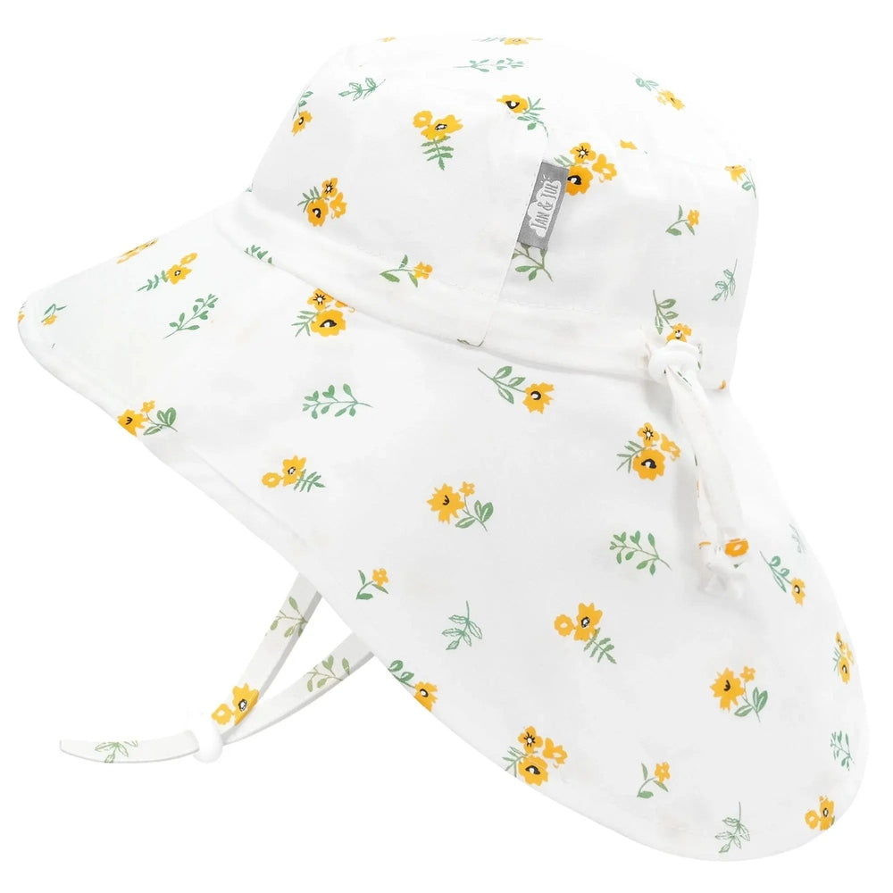 Jan & Jul Kids Cotton Adventure Hat in white with yellow flowers and adjustable ties shown.