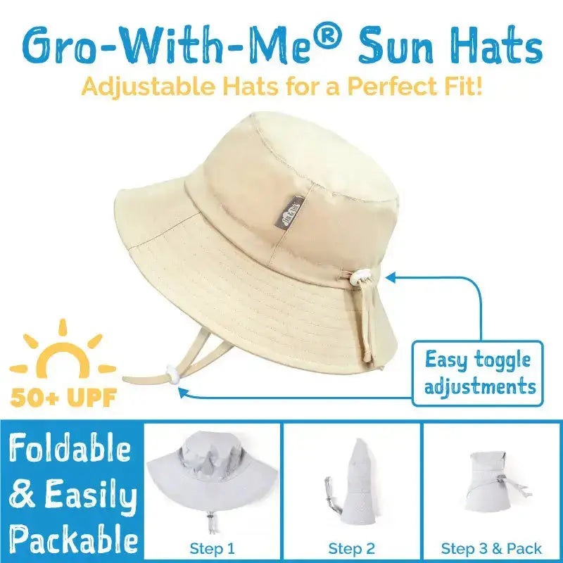 Jan & Jul Kids Cotton Bucket Hat Tiger in beige with UPF 50+, adjustable toggle, and foldable for easy packing.