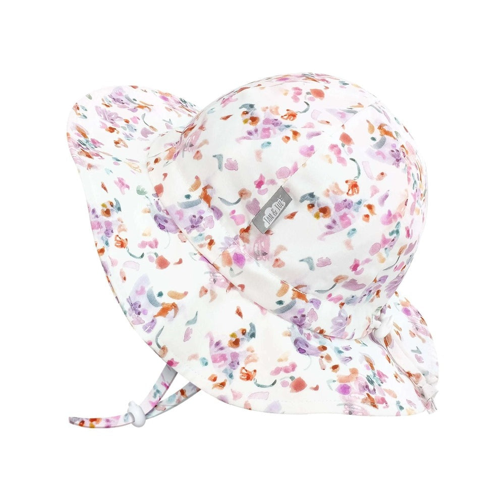 Jan & Jul kids cotton floppy hat in Pretty Petals floral print; white with pastel pinks, purples and greens