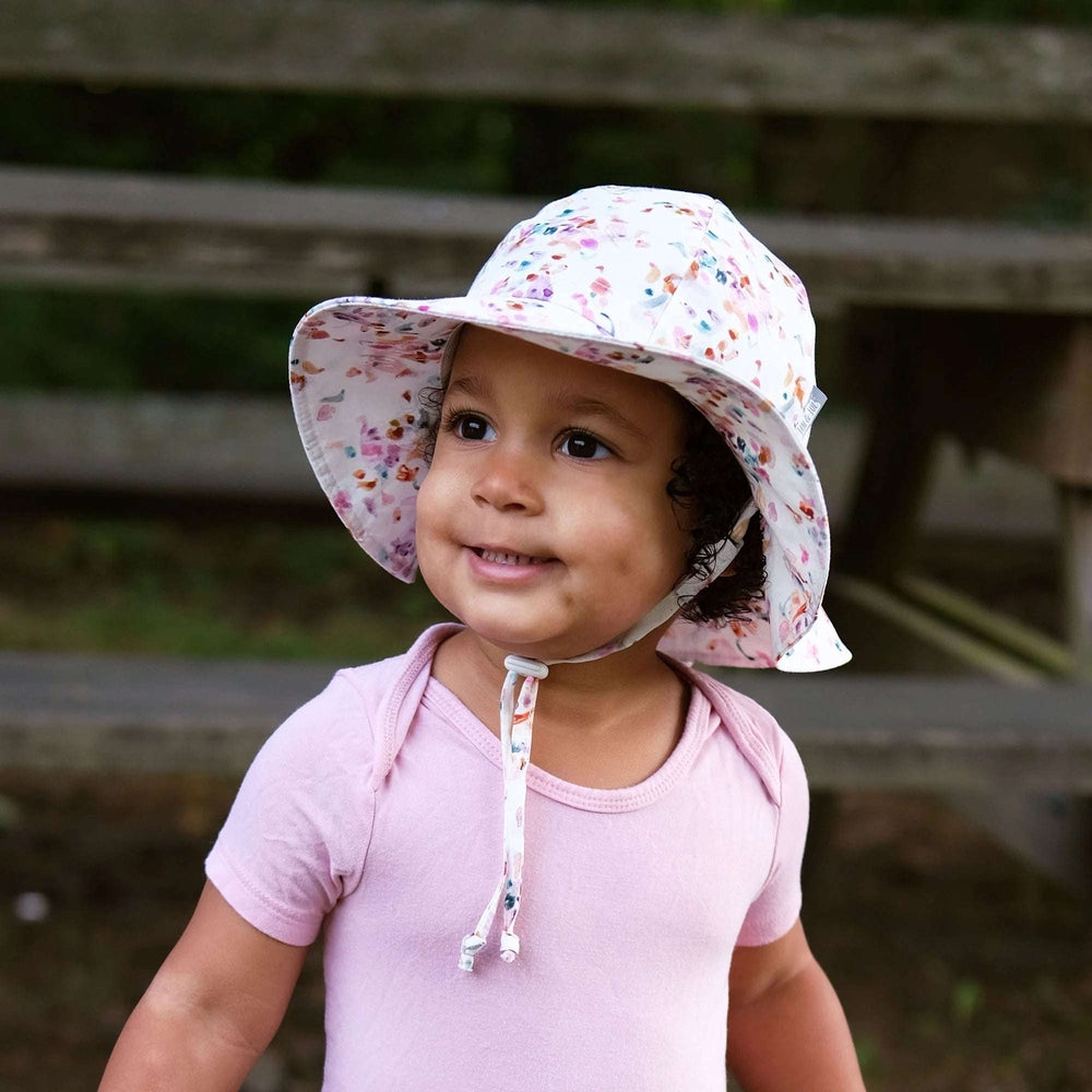 Jan & Jul baby cotton floppy hat in Pretty Petals floral print, pink and white with chin strap