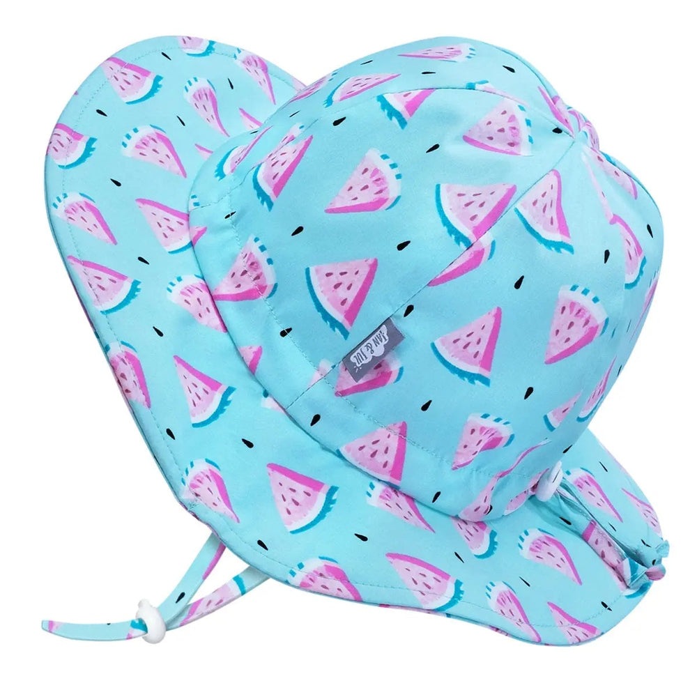 Jan & Jul Kids Cotton Floppy Hat Watermelon pattern on light blue, chin strap ties under chin.