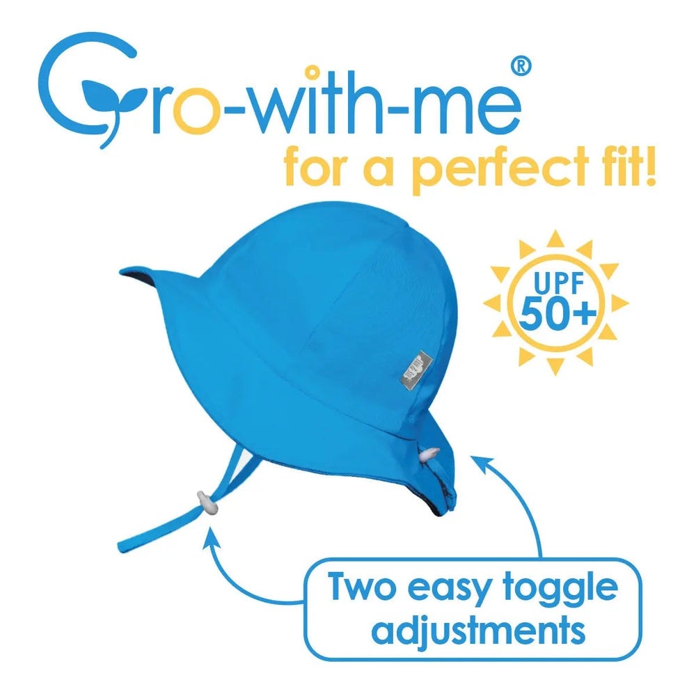 Jan & Jul Kids Cotton Floppy Hat, blue with UPF 50+, featuring visible two easy toggle adjustments for a secure fit.