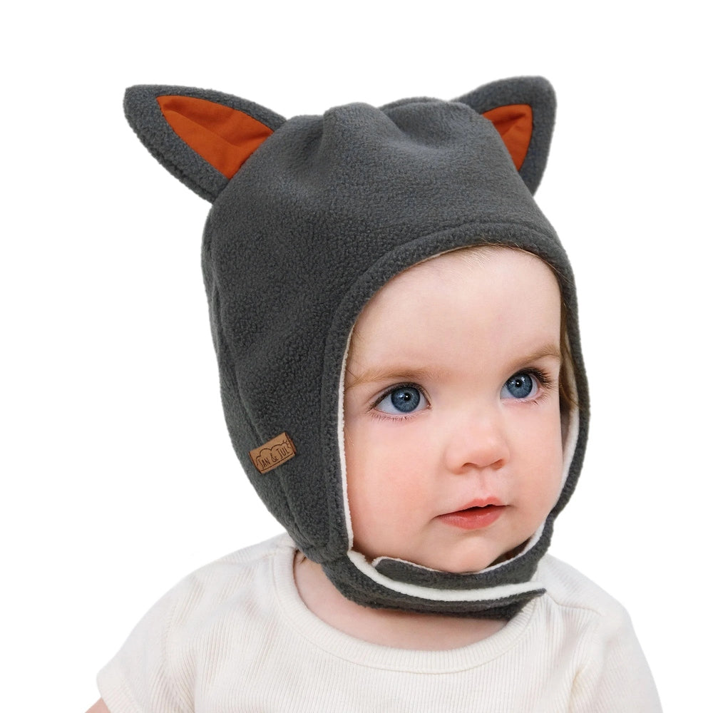 JAN & JUL Kids Fleece Animal Grey Fox Hat on baby, grey fleece with orange inner ears and white trim