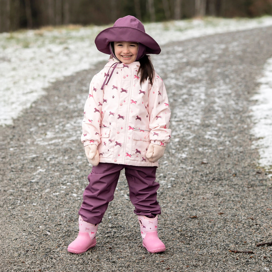 Jan & Jul Kids Fleece Lined Rain Jackets Pink Ponies lifestyle detail