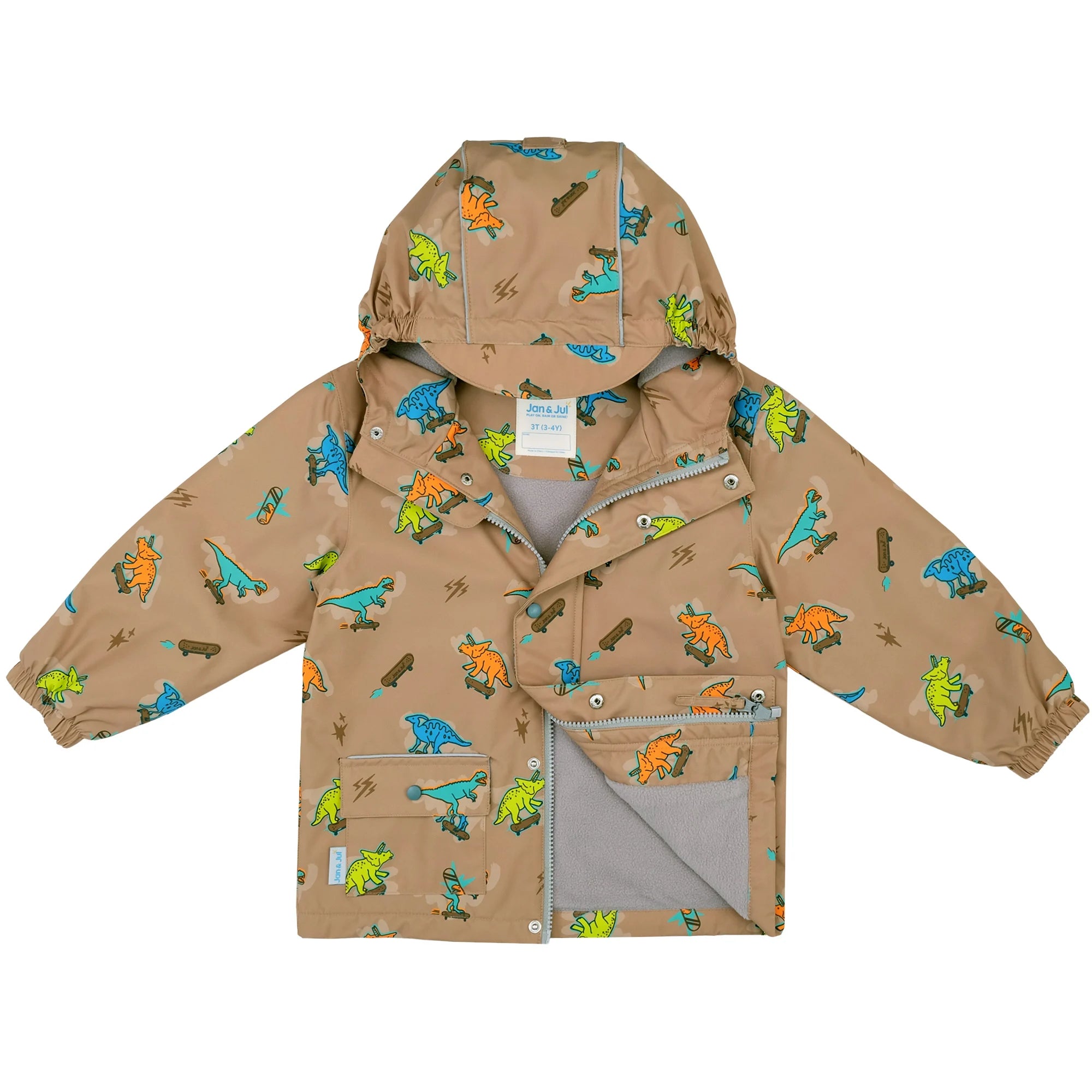 Jan & Jul Kids Fleece Lined Rain Jackets Skater Dinos