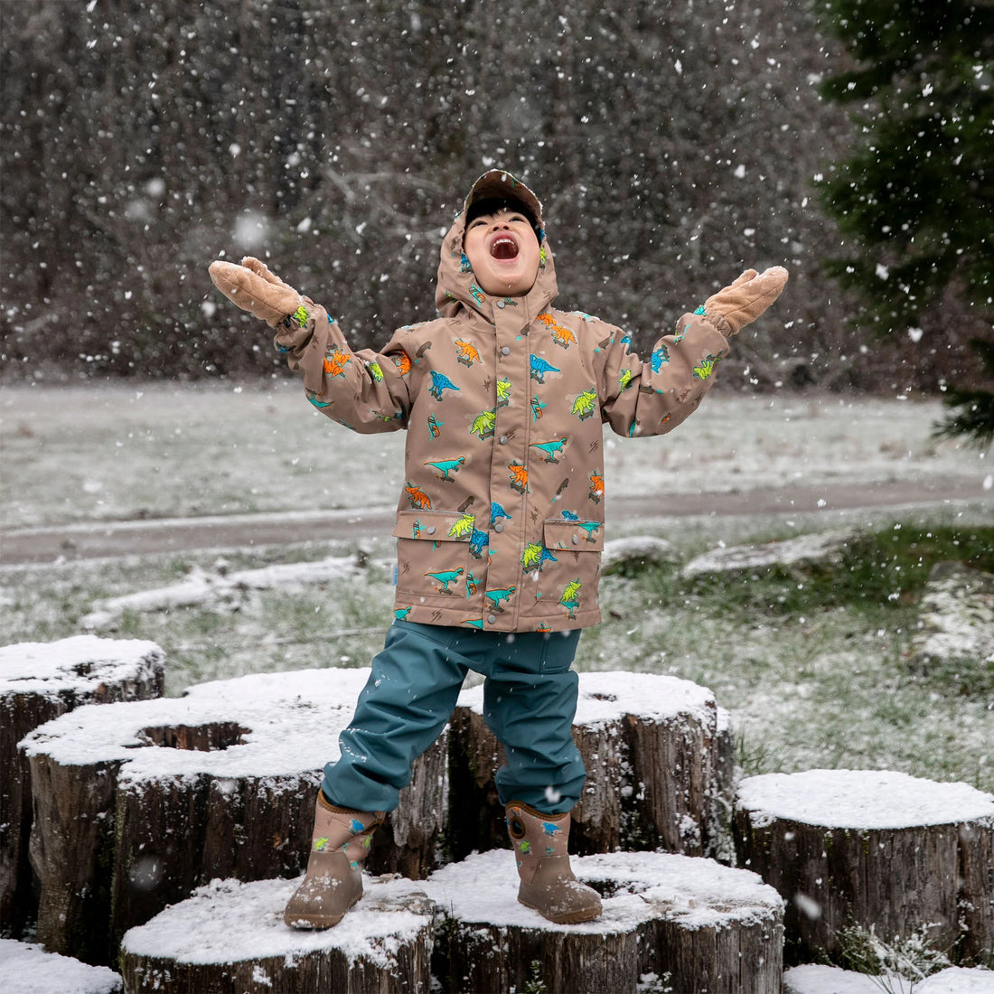 Jan & Jul Kids Fleece Lined Rain Jackets Skater Dinos lifestyle detail