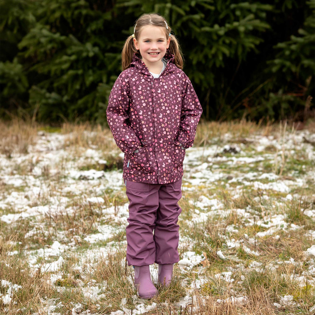 Jan & Jul Kids Fleece Lined Rain Pants Dark Plum lifestyle view