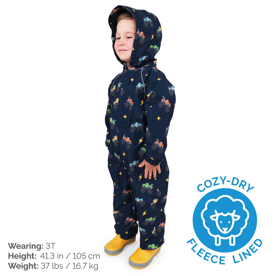 Jan & Jul Kids Fleece Lined Rain Suits Big Trucks side view