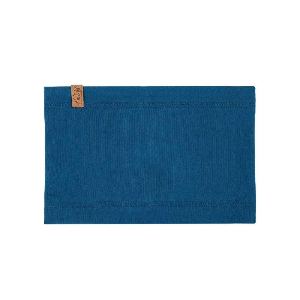Jan & Jul Kids Fleece Neck Warmer in blue fleece, soft warmth, laid flat to show fabric.