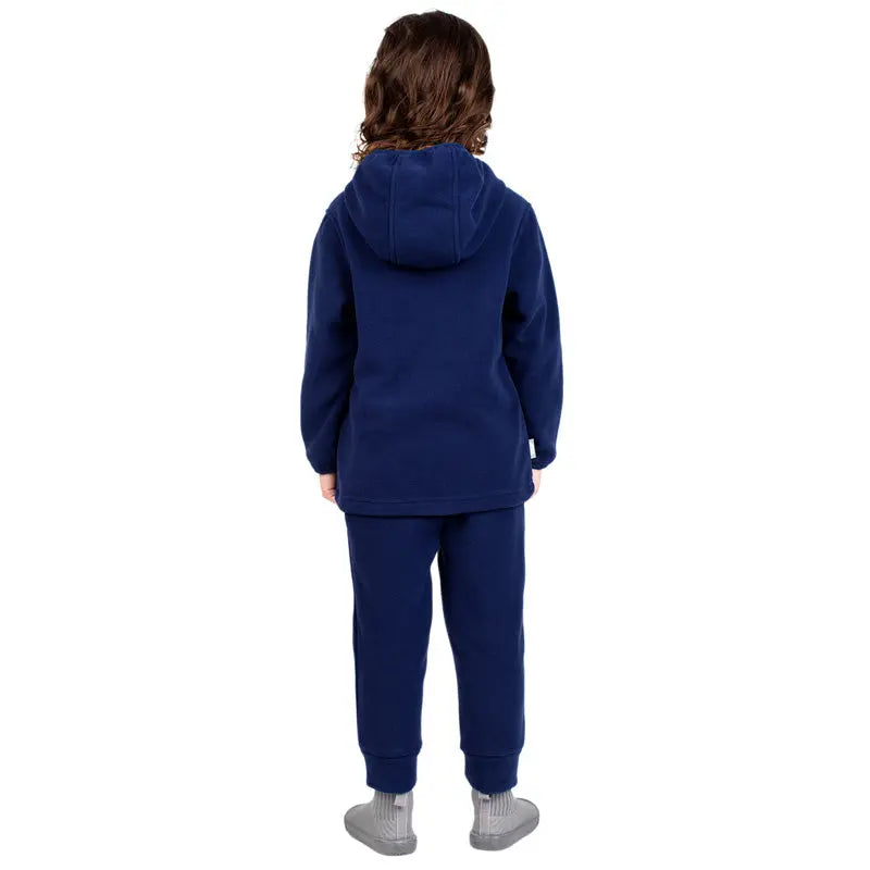 Jan & Jul Kids Fleece Pants Navy on a child in a matching navy hoodie, back view showing ribbed cuffs.