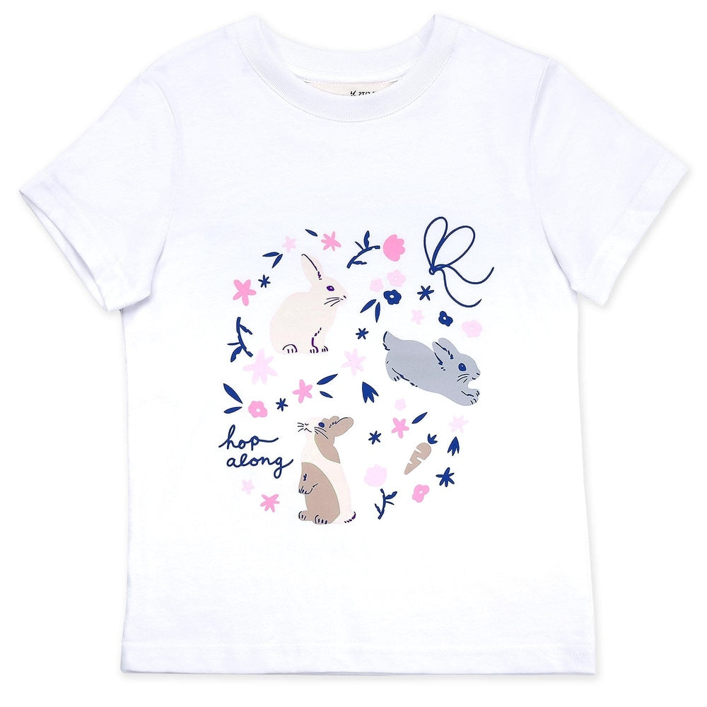 JAN & JUL Jan & Jul Kids Graphic T-Shirt Bunny Flowers three illustrated bunnies with 'hop along' text in navy and pink img 1/9