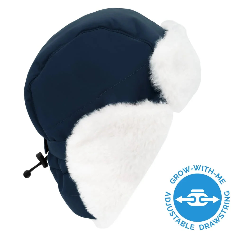 Jan & Jul Dark Navy trapper hat showing earflap lining and rear adjustable cinch