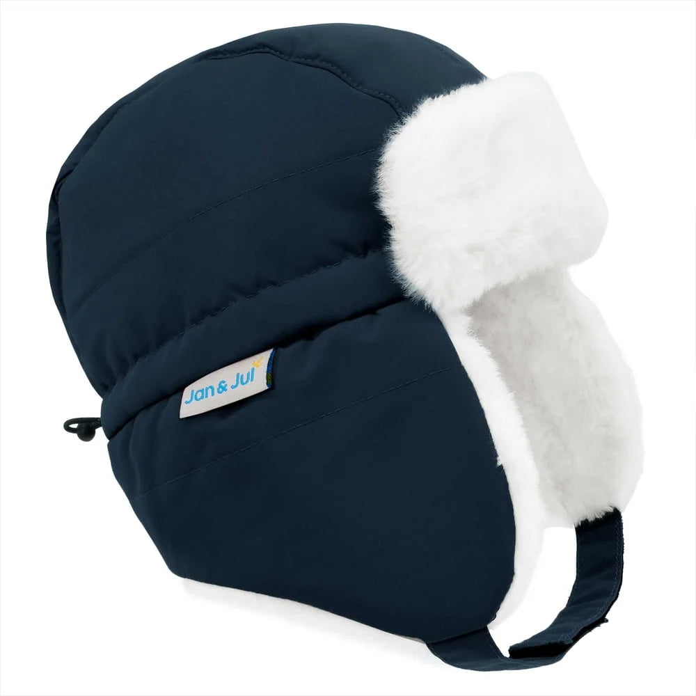 Jan & Jul Dark Navy insulated trapper hat, front and earflap view