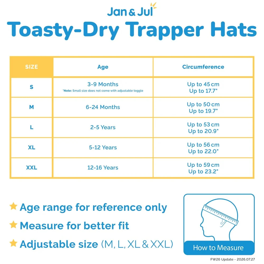 Jan & Jul insulated trapper hat size chart for kids