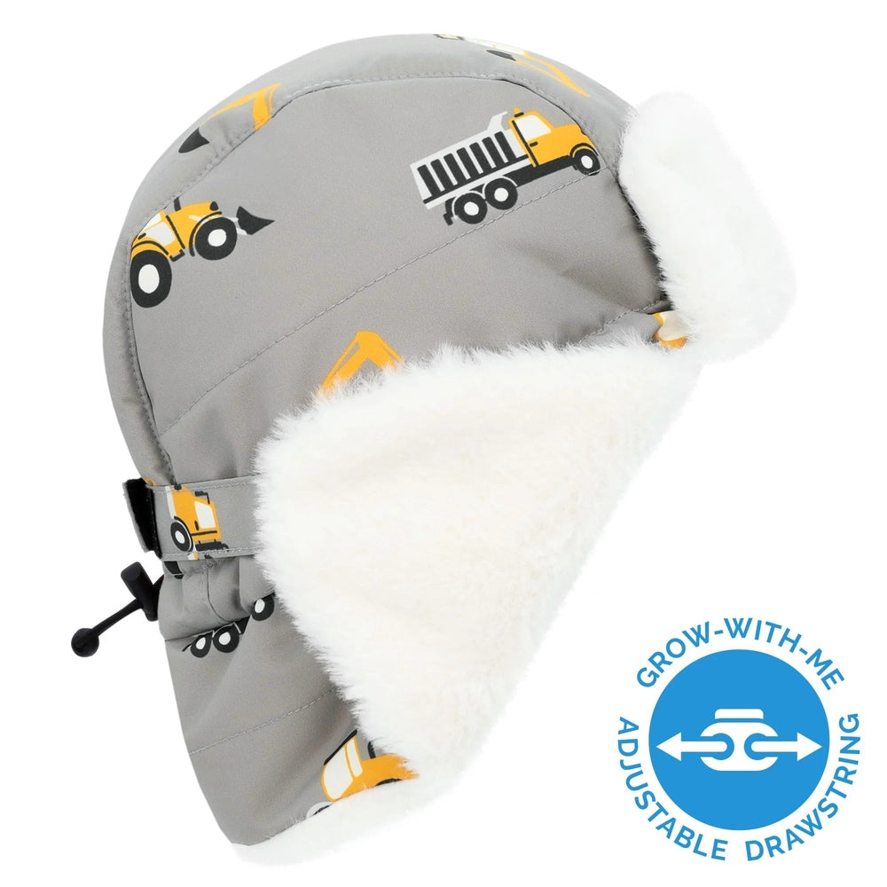 JAN & JUL Kids Insulated Winter Hat in grey construction print with white faux fur ear flaps and adjustable drawstring