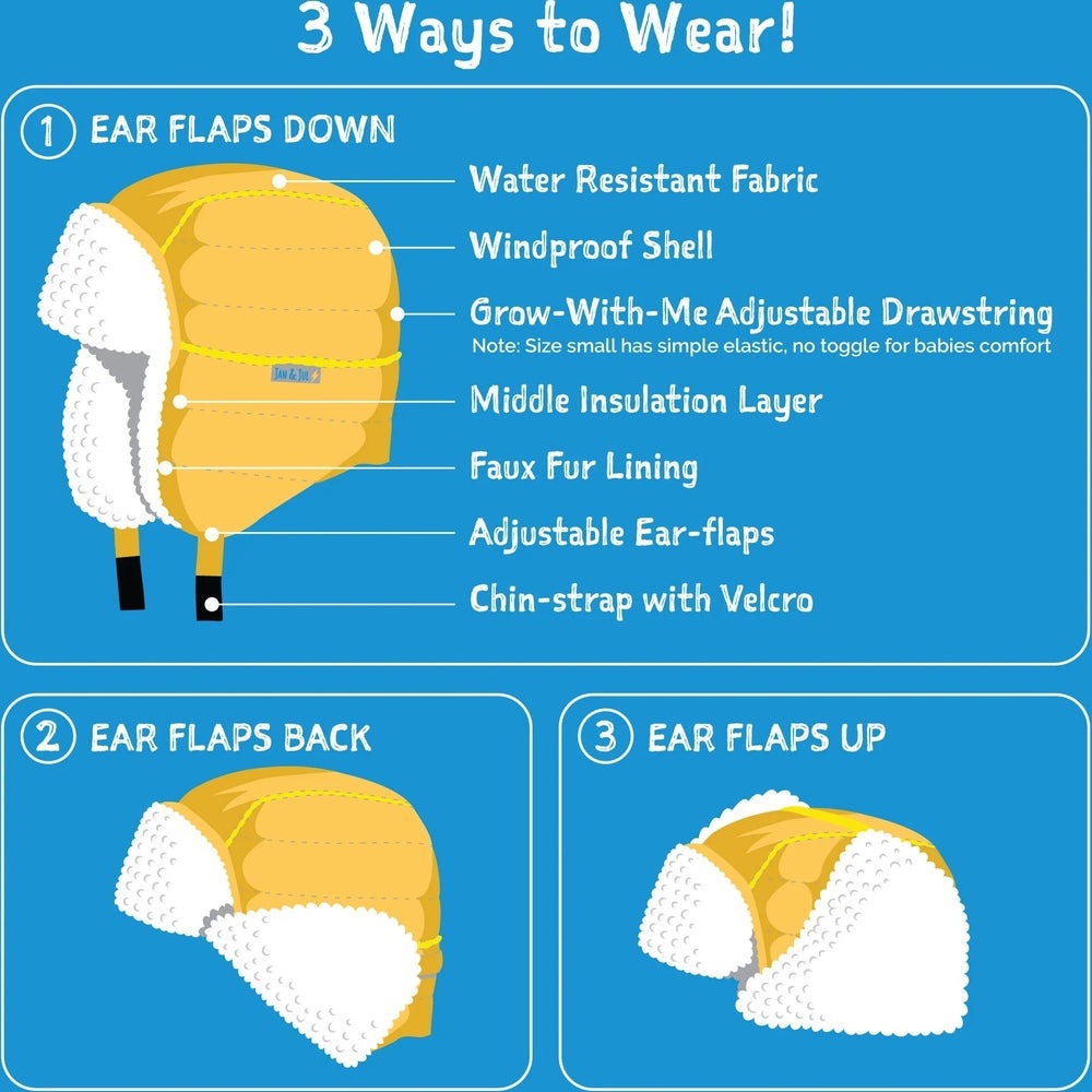 Jan & Jul Kids Insulated Winter Hats Grey Construction shown with adjustable ear-flaps and chin-strap in three wear styles