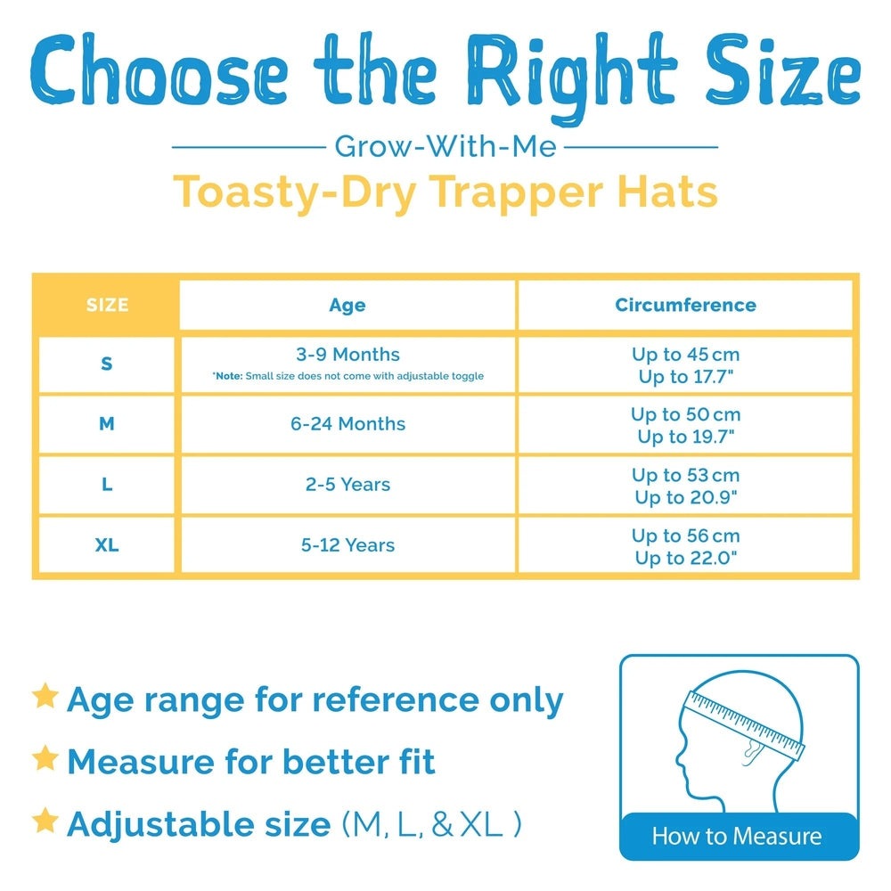 JAN & JUL Kids Insulated Winter Hat in grey construction; size chart shows ages and head measurements for a better fit.