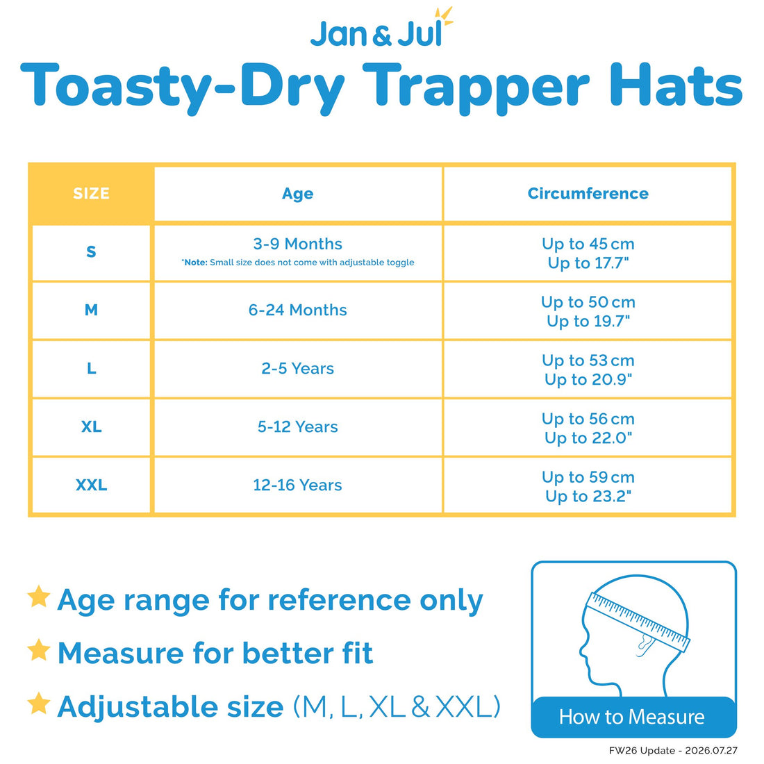 Jan & Jul Kids Insulated Winter Hats size chart