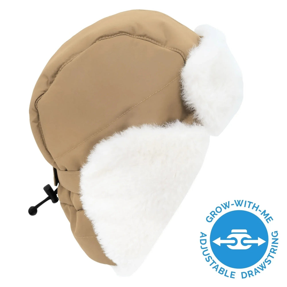Jan & Jul Kids Insulated Winter Hat in soft brown with white faux-fur ear flaps and a visible adjustable drawstring.