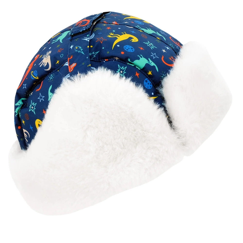 JAN & JUL Kids Insulated Winter Hats Space Dinos blue puffy hat with white fluffy ear flaps over the ears