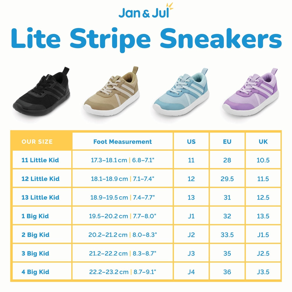 Jan & Jul Kids Lite Classic Stripe Sneakers - Dusty Purple size chart